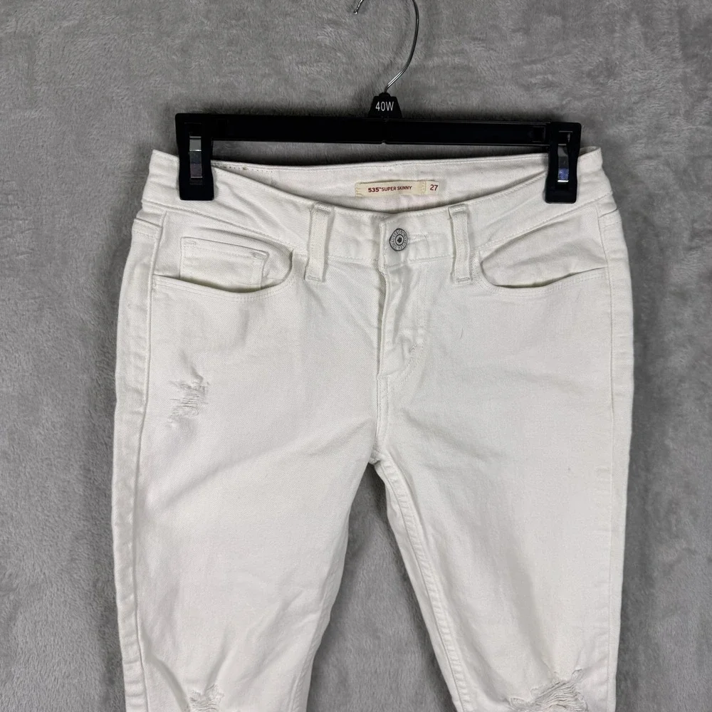 Levis 535 Jeans Womens 27 White Distressed Super Skinny Stretch Ripped Knee‎ - Picture 3 of 12